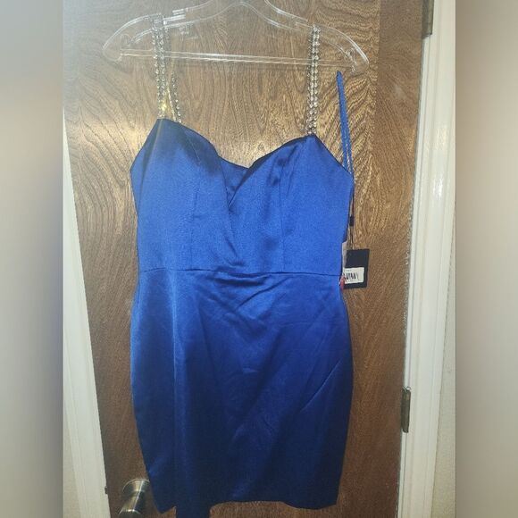 Ieena for Mac Duggal Blue Rhinestone Strap Satin Mini Dress NWT $238 Size 8 - Picture 5 of 7
